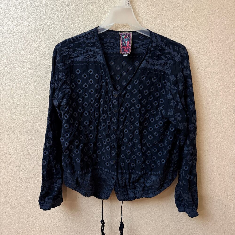 Johnny Was black gray eyelet embroidered button blouse tie detail cupra rayon M